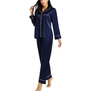 Silk Satin Womens Pajama Sets Navy Blue